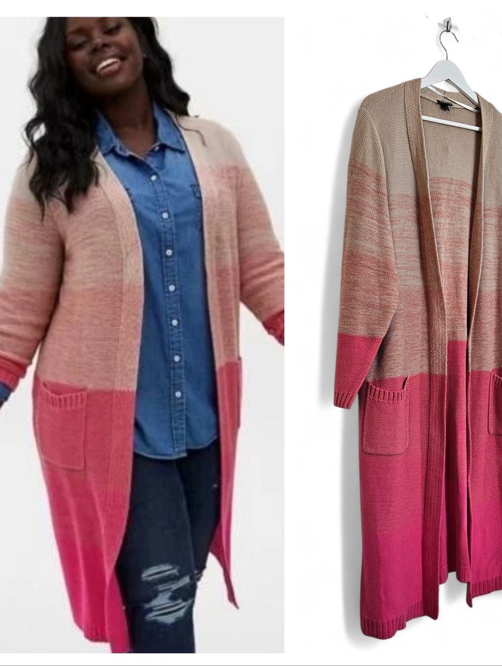 Torrid Cardigan Size 3 3X Ombre Stripe Slouchy Duster Sweater Longline Soft Pink